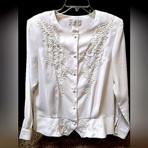 Kathy Che Peblum Styled Sheer Braiding Embellished Long Sleeve White Blouse
